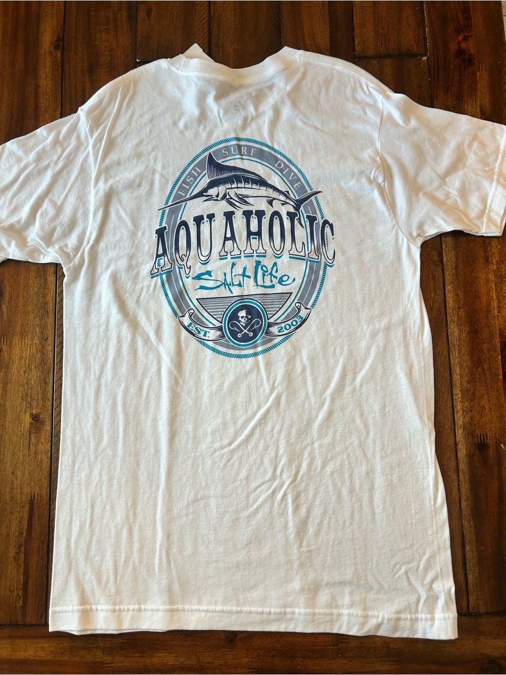 Salt Life White Tee with Blue & Teal Aquaholic Graphic